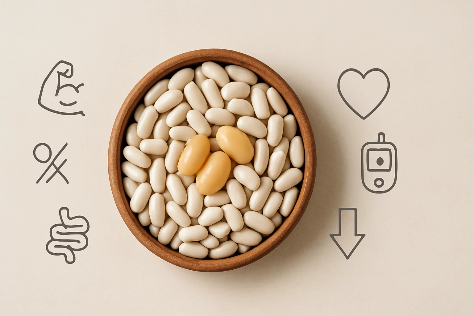 Egy fa tálban fehér babok találhatók, középen néhány sárga babbal.