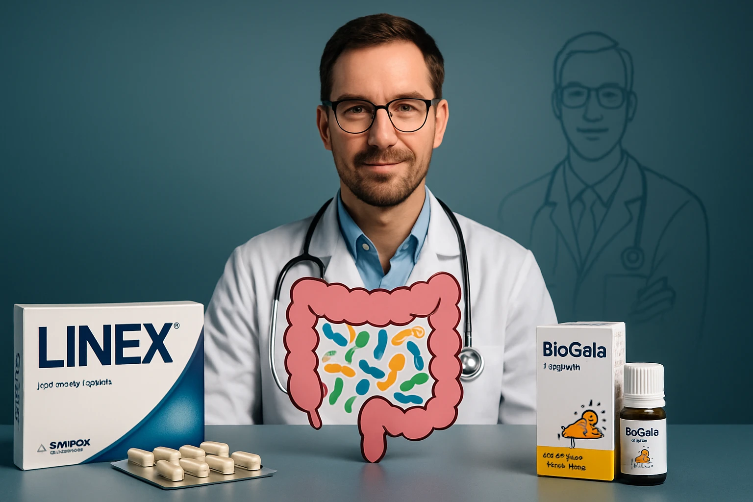 Egy orvos a bélflóra egészségét bemutató grafikával és probiotikumokkal.