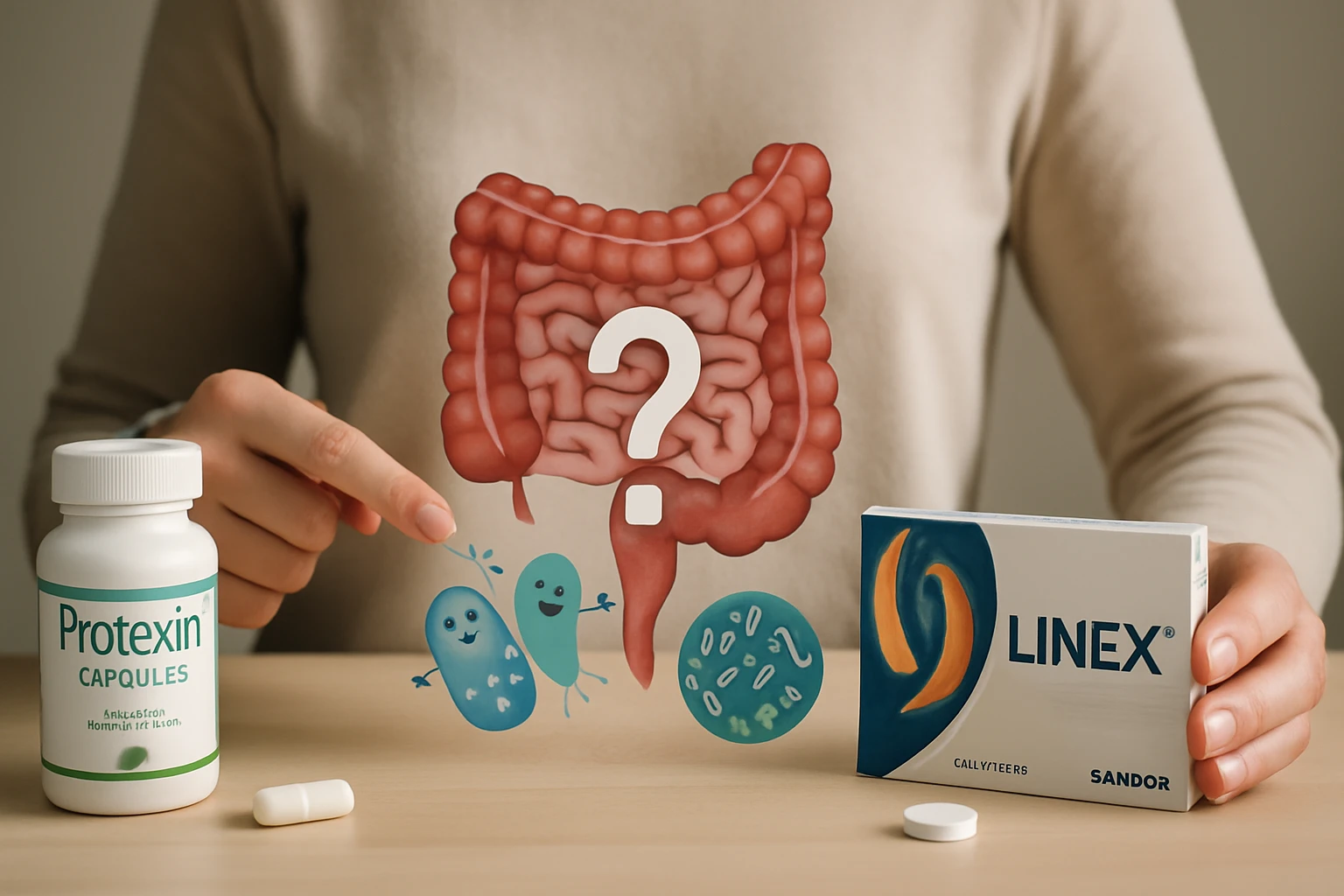 Egy kéz mutat a bélflóra illusztrációjára, mellette probiotikumok láthatók.