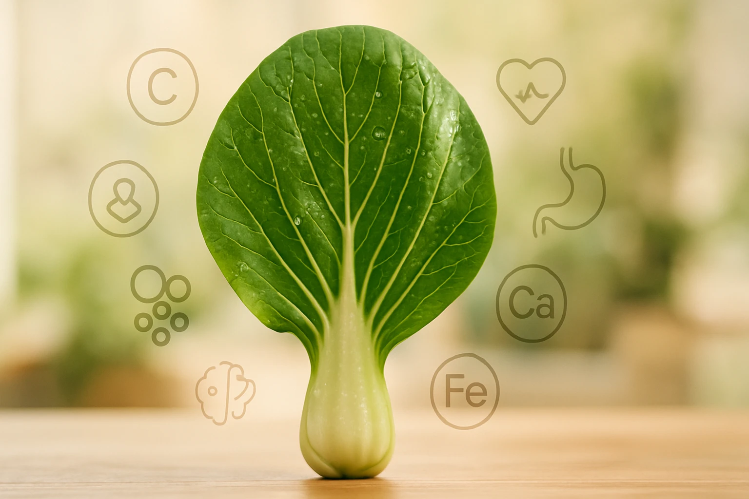 Egy friss bok choy levél, körülötte tápanyag ikonok, mint a vas és kalcium.