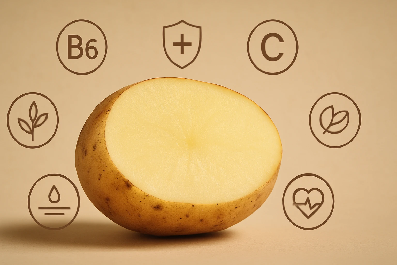 Félbevágott burgonya, körülötte vitaminok és tápanyagok ikonjaival.