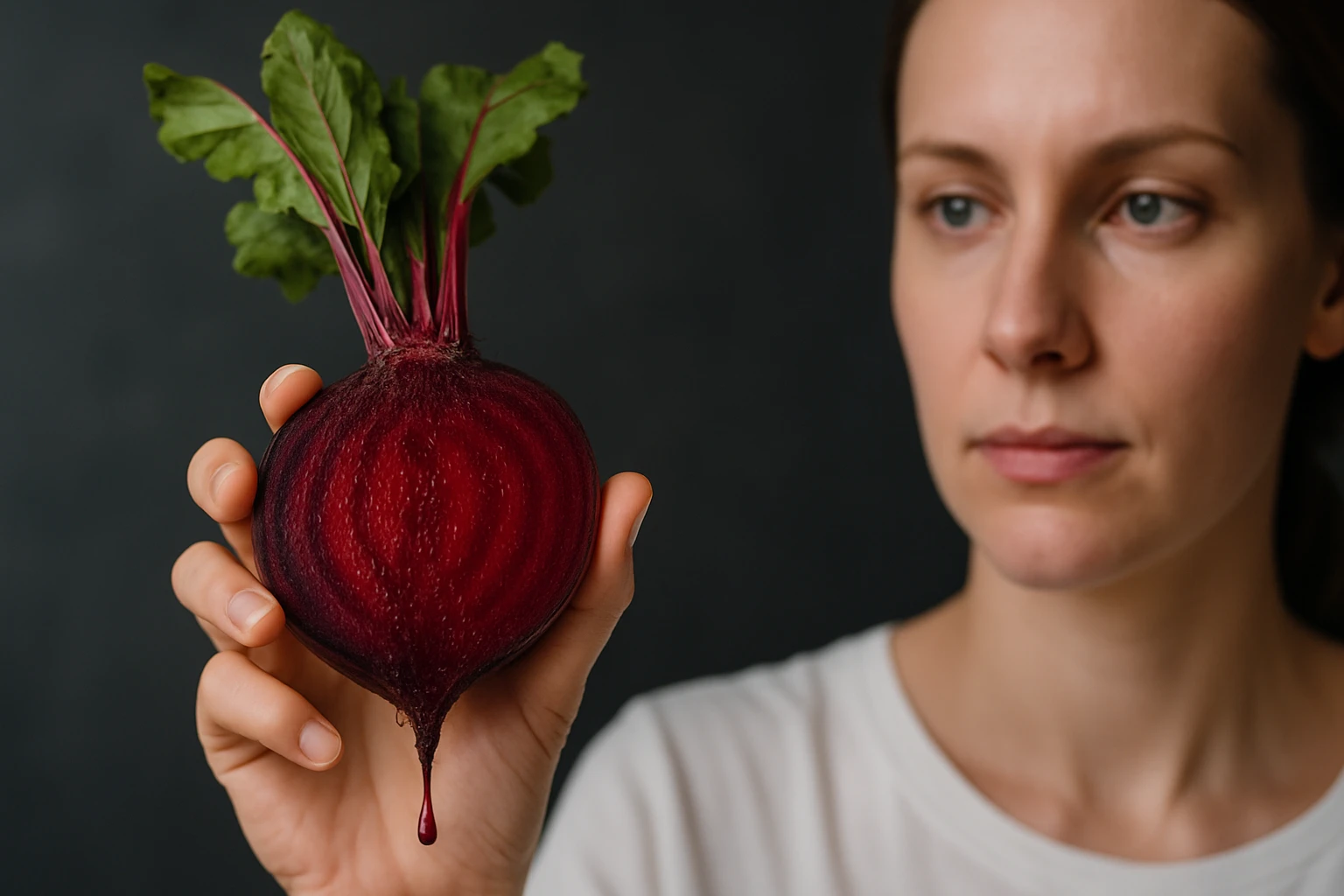 Egy nő egy friss céklát tart a kezében, amelynek zöld levelei vannak.