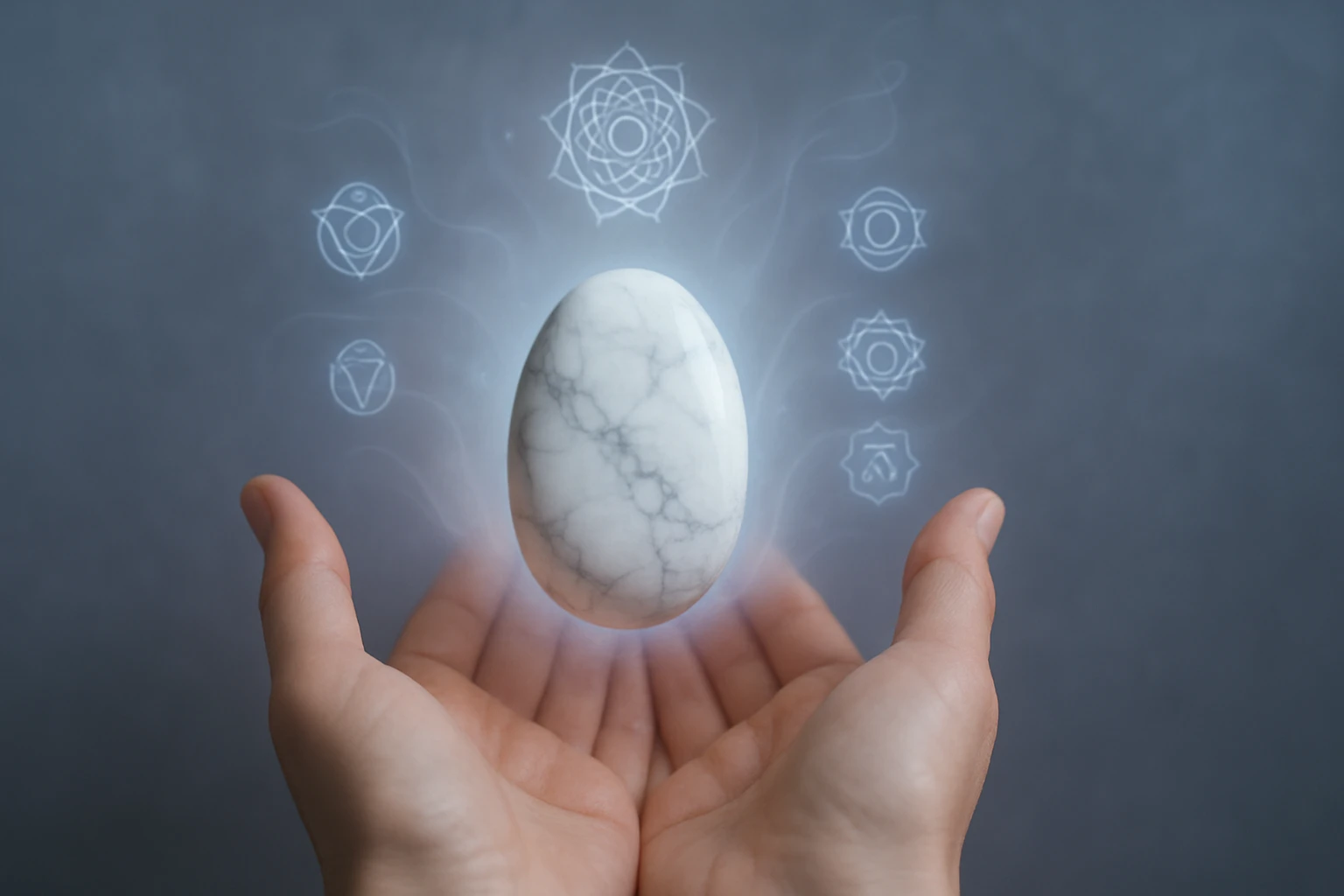 Két kéz tart egy fehér márvány tojást, mögötte csakra szimbólumok láthatók.
