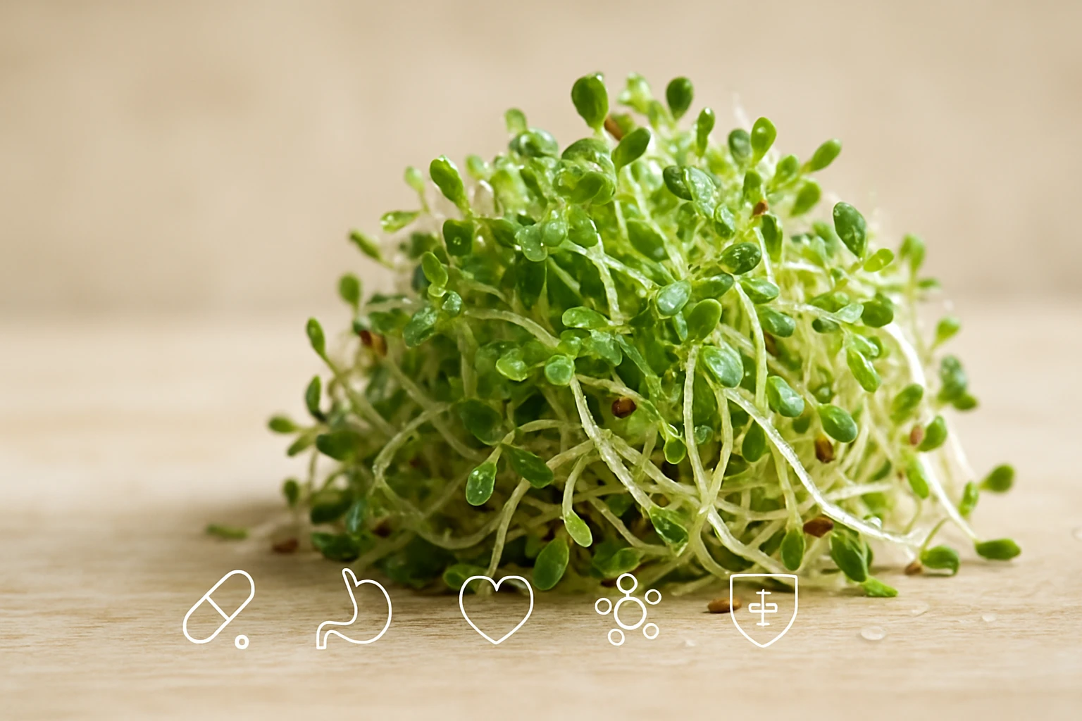 Friss csírák, zöld levelekkel, egészséges táplálkozás szimbólumaival.