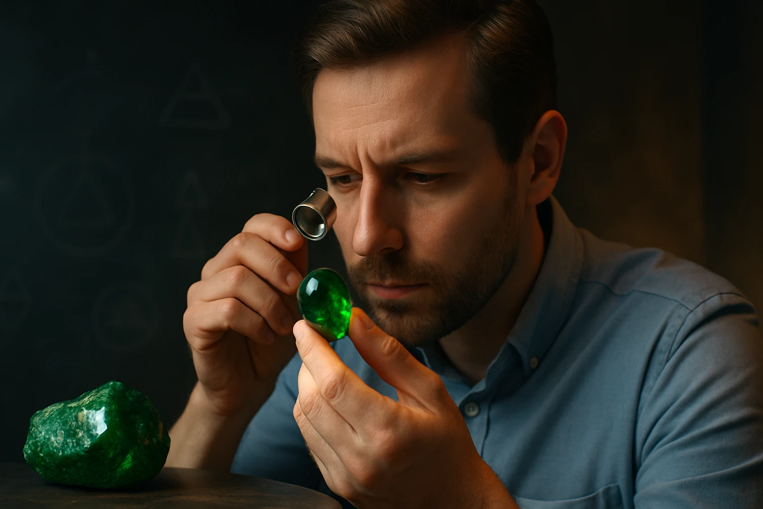 Egy férfi zöld drágakövet vizsgál egy nagyítón keresztül, figyelmesen tanulmányozva.