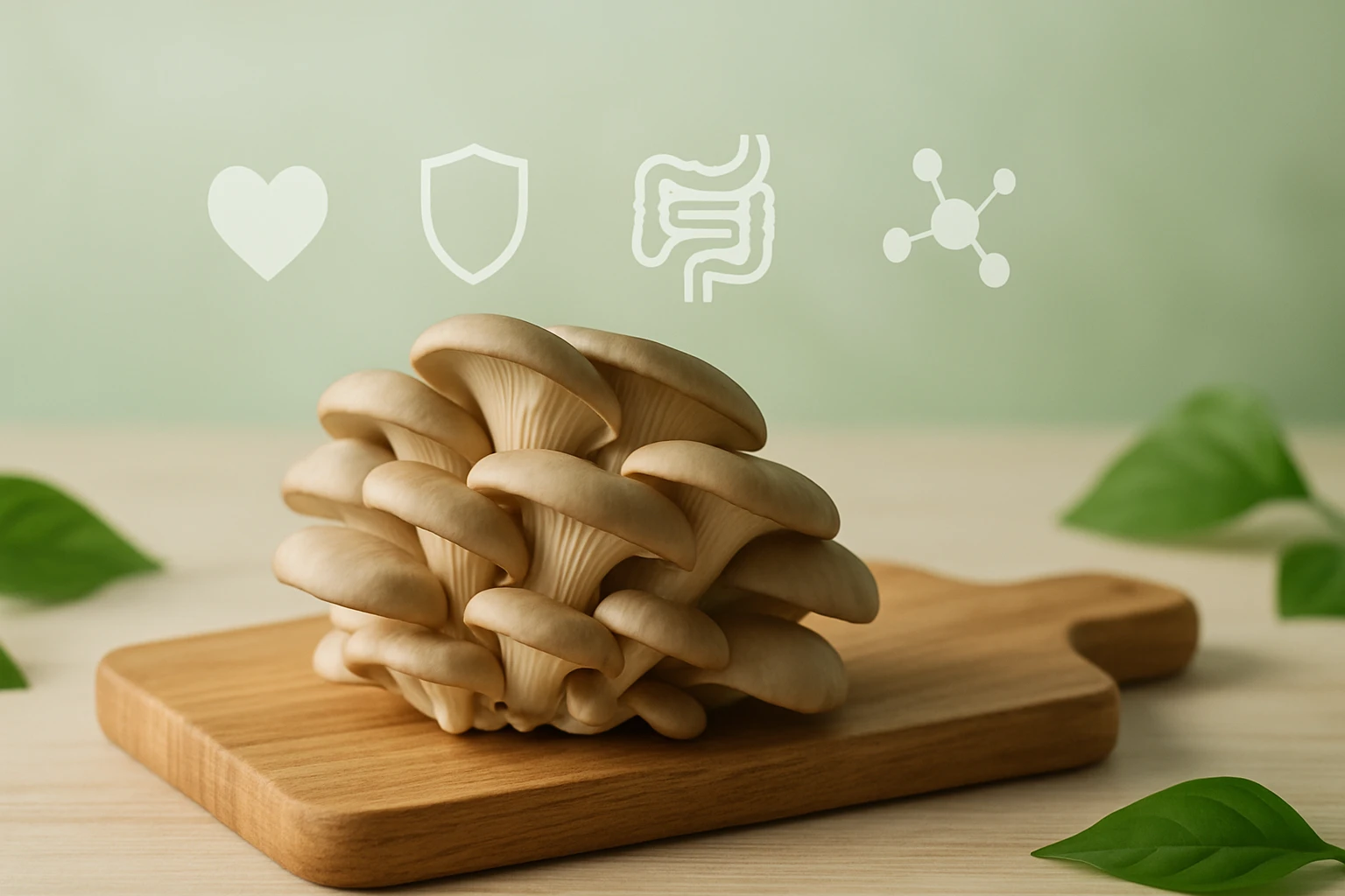 Friss gombák egy vágódeszkán, zöld háttérrel, egészségügyi ikonokkal.