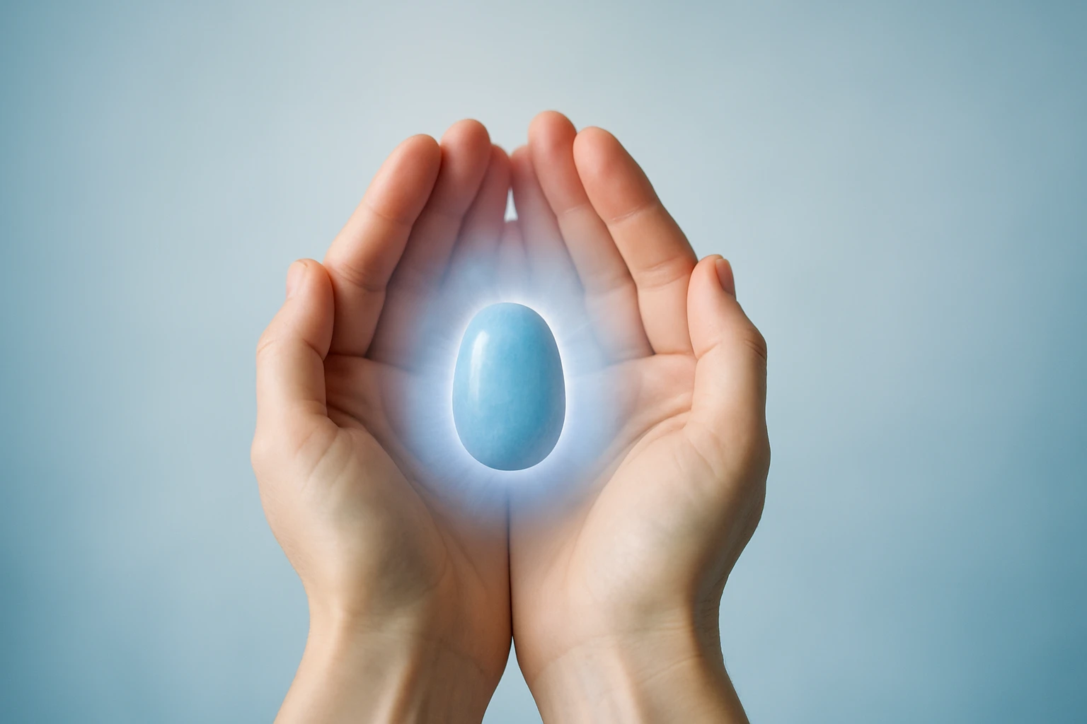 Két kéz tart egy világító kék tojást, amely a gyógyulás szimbóluma.
