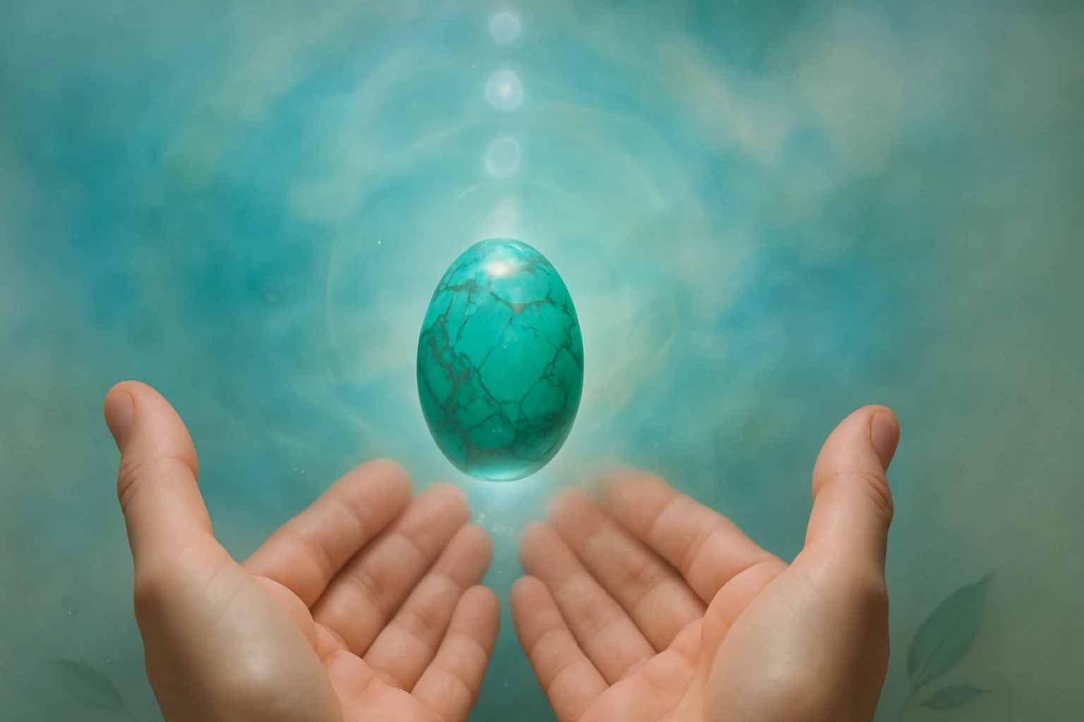 Két kéz között lebegő zöld tojás, amely a spiritualitás és a gyógyulás szimbóluma.