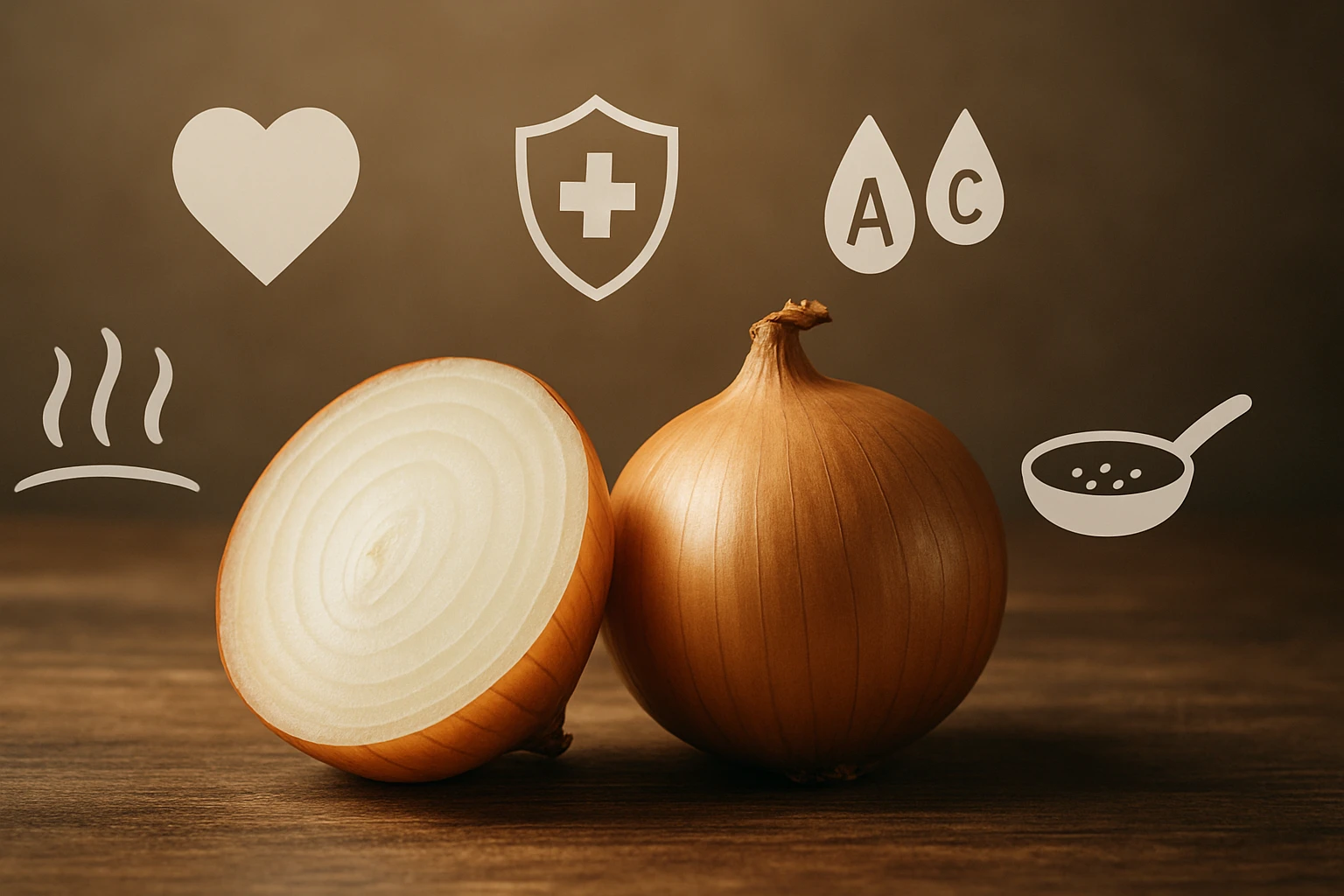 Két hagyma, az egyik félbevágva, egészségi szimbólumokkal körülvéve.