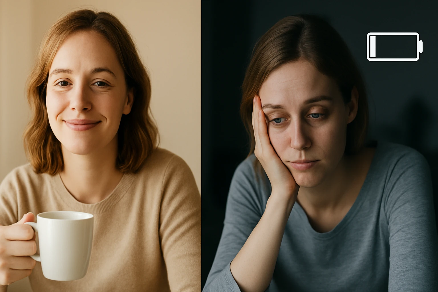 Egy nő mosolyog egy csésze kávéval, míg a másik képen szomorúan néz.