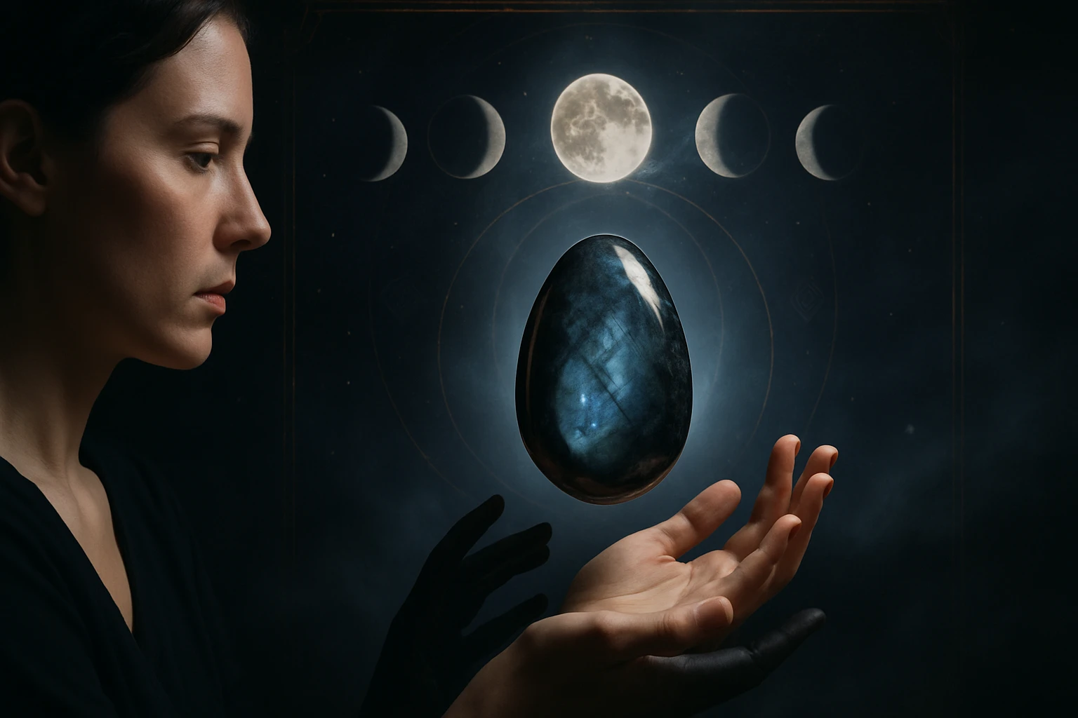 Egy nő arca profilból, kezében egy fénylő kőtojás, háttérben holdfázisok.