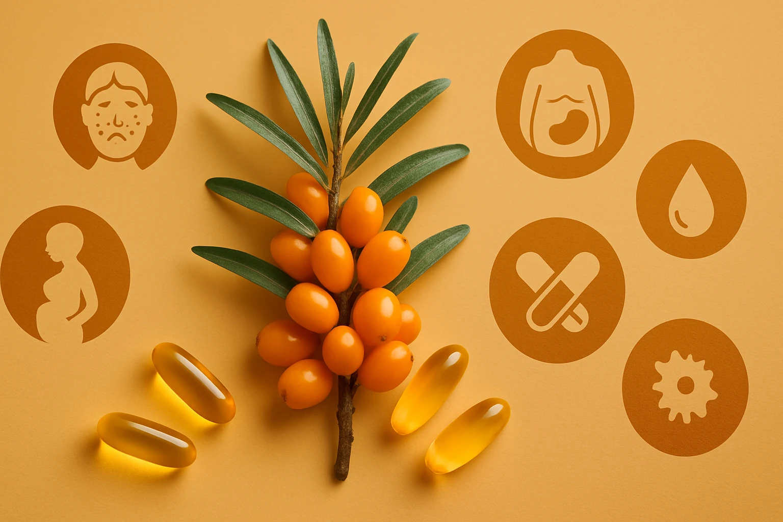 Homoktövis bogyók és étrend-kiegészítők, egészségügyi ikonokkal.
