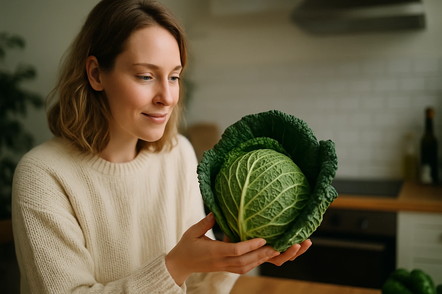 Egy fiatal nő boldogan tart egy friss káposztát a kezében.