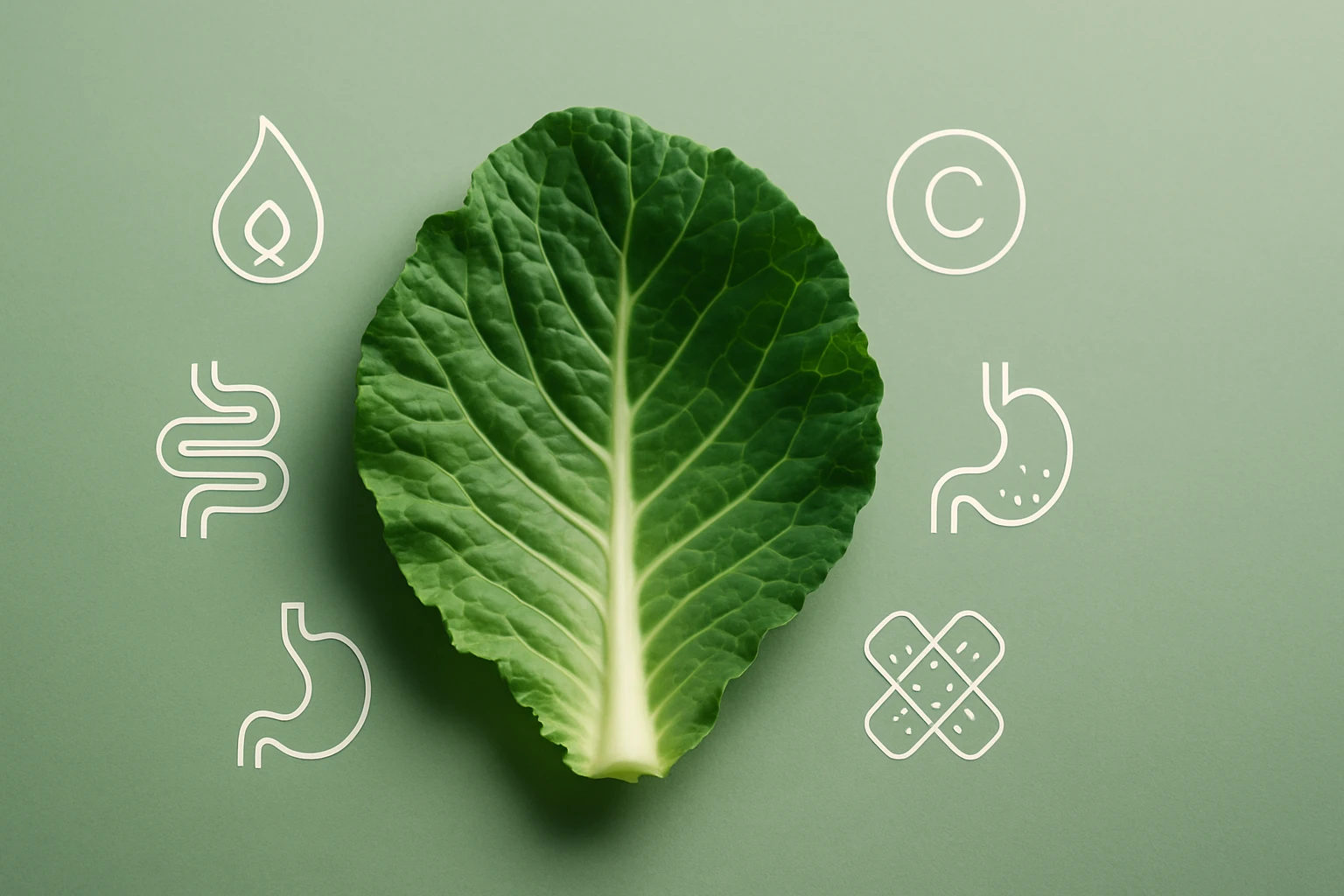 Friss káposztalevél, körülötte egészségi szimbólumok, mint víz, emésztés és gyógyulás.