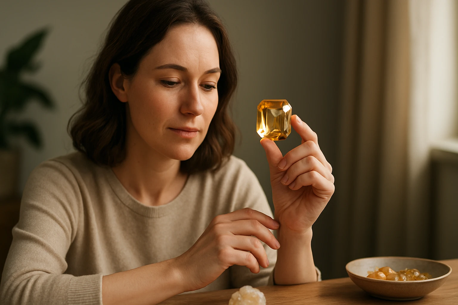 Egy nő figyelmesen nézi a kezében tartott sárga kristályt, miközben egy asztalon ül.