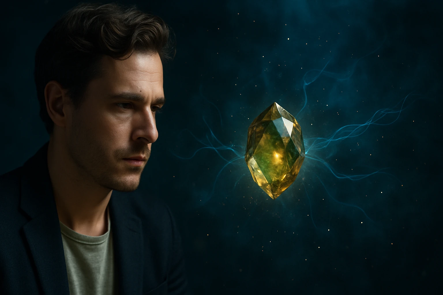 Egy férfi figyelmesen néz egy zöldes sárga kristályra, amely fényt bocsát ki.