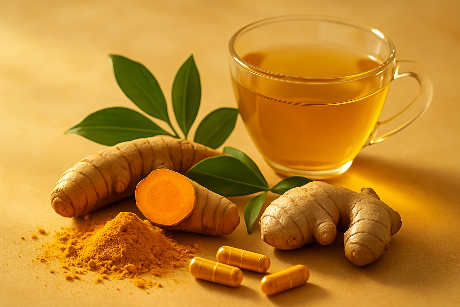 Friss kurkuma gyökerek, por és kapszulák, mellettük egy csésze kurkuma tea.