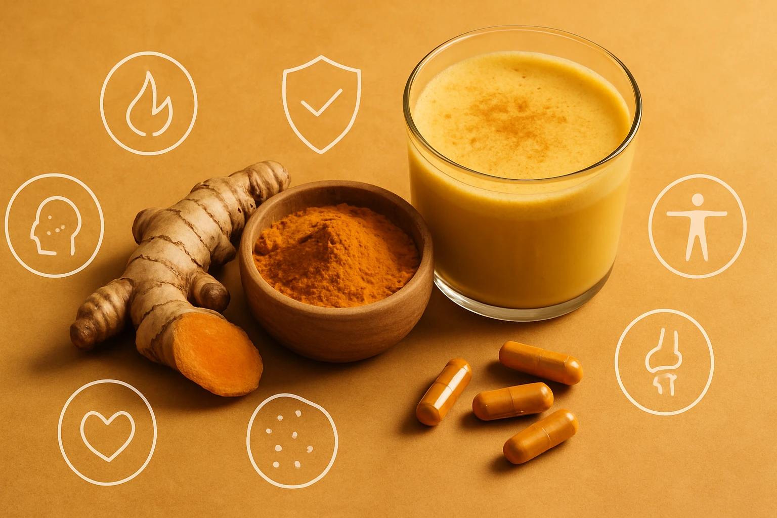 Friss gyömbér, kurkuma por, kapszulák és ital egy asztalon.