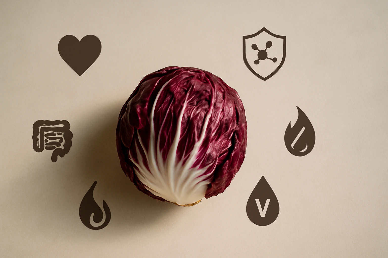 Egy lila káposzta, körülötte egészségi szimbólumok, mint a szív és a víz.