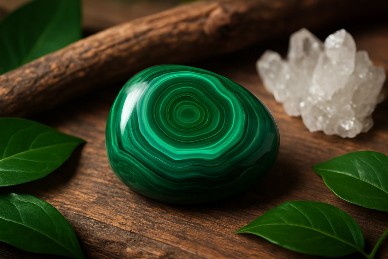 Zöld malachit kő, körülötte levelek és kristályok, természetes környezetben.