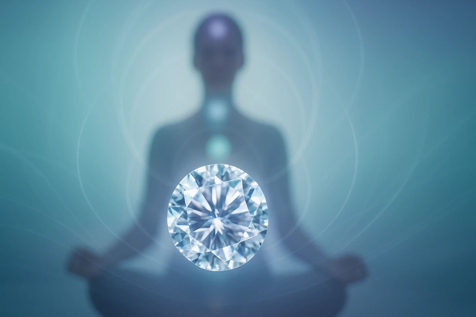 Egy meditáló figura mögött egy csillogó gyémánt lebeg, szellemi harmóniát sugallva.