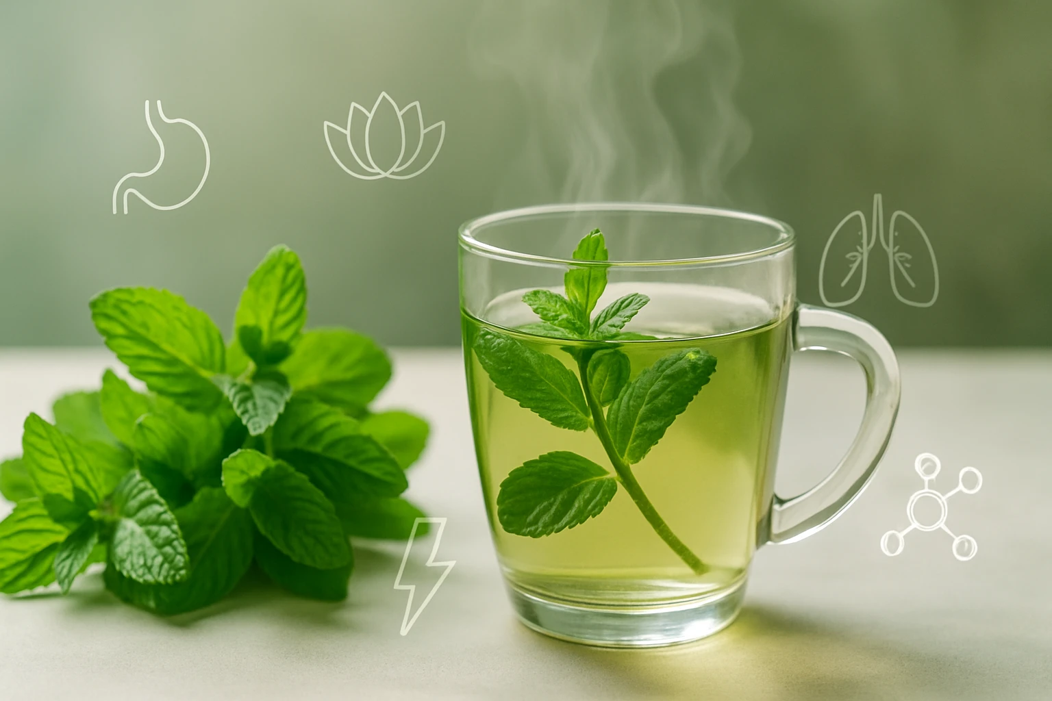 Friss mentaágak egy pohár gőzölgő zöld teában, egészséges ital.