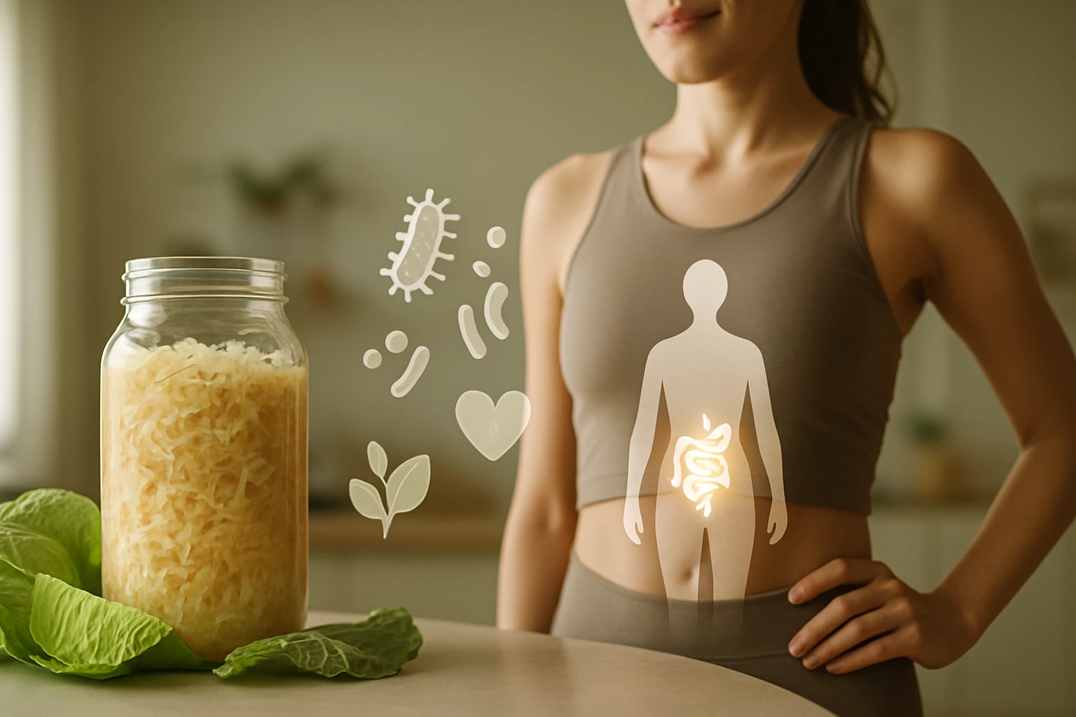 Egy nő áll egy asztalnál, mellette savanyú káposzta üvegben és emésztést szimbolizáló grafikák.