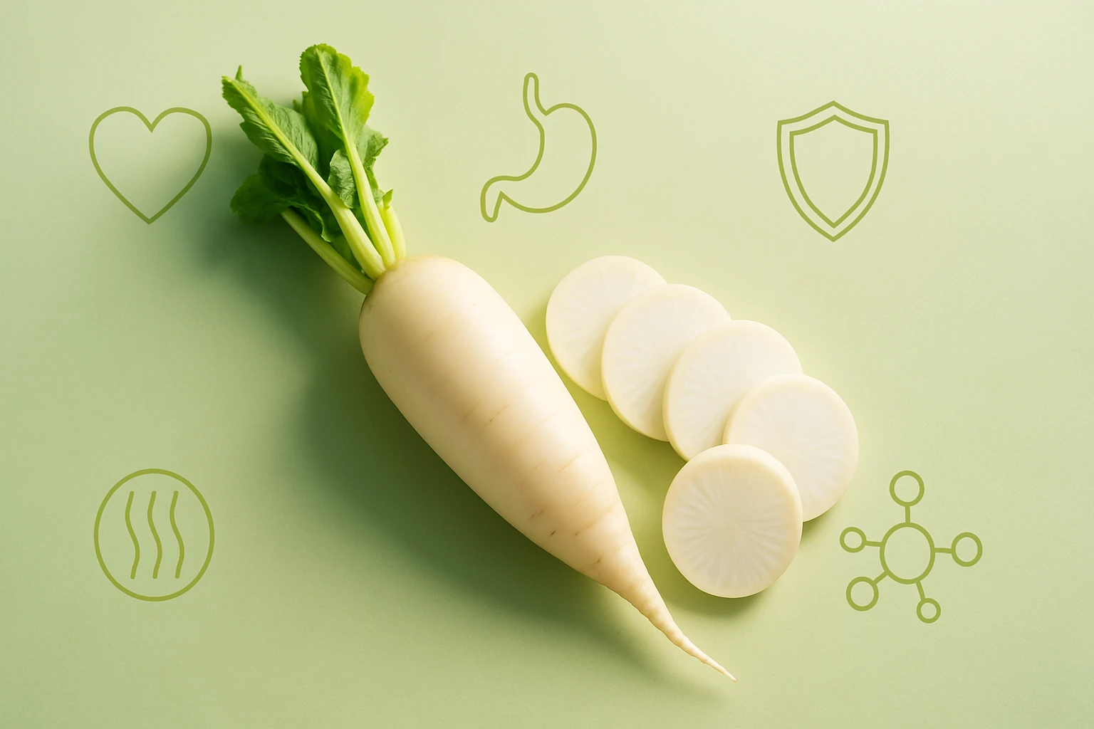 Friss fehér retek, zöld levelekkel, szeletekre vágva egy világos háttéren.