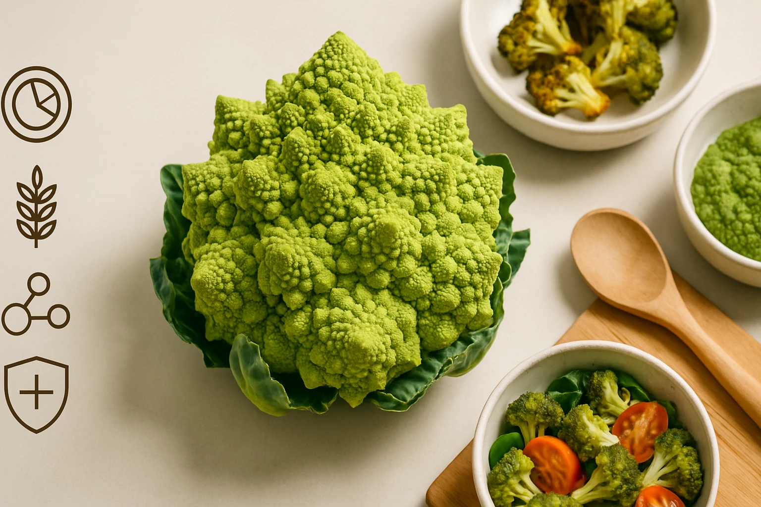 Friss romanesco káposzta, körülötte párolt brokkoli és saláta.