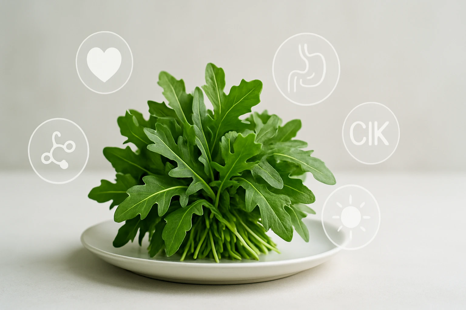 Friss rukola levelek egy fehér tányéron, egészségügyi ikonokkal körülvéve.