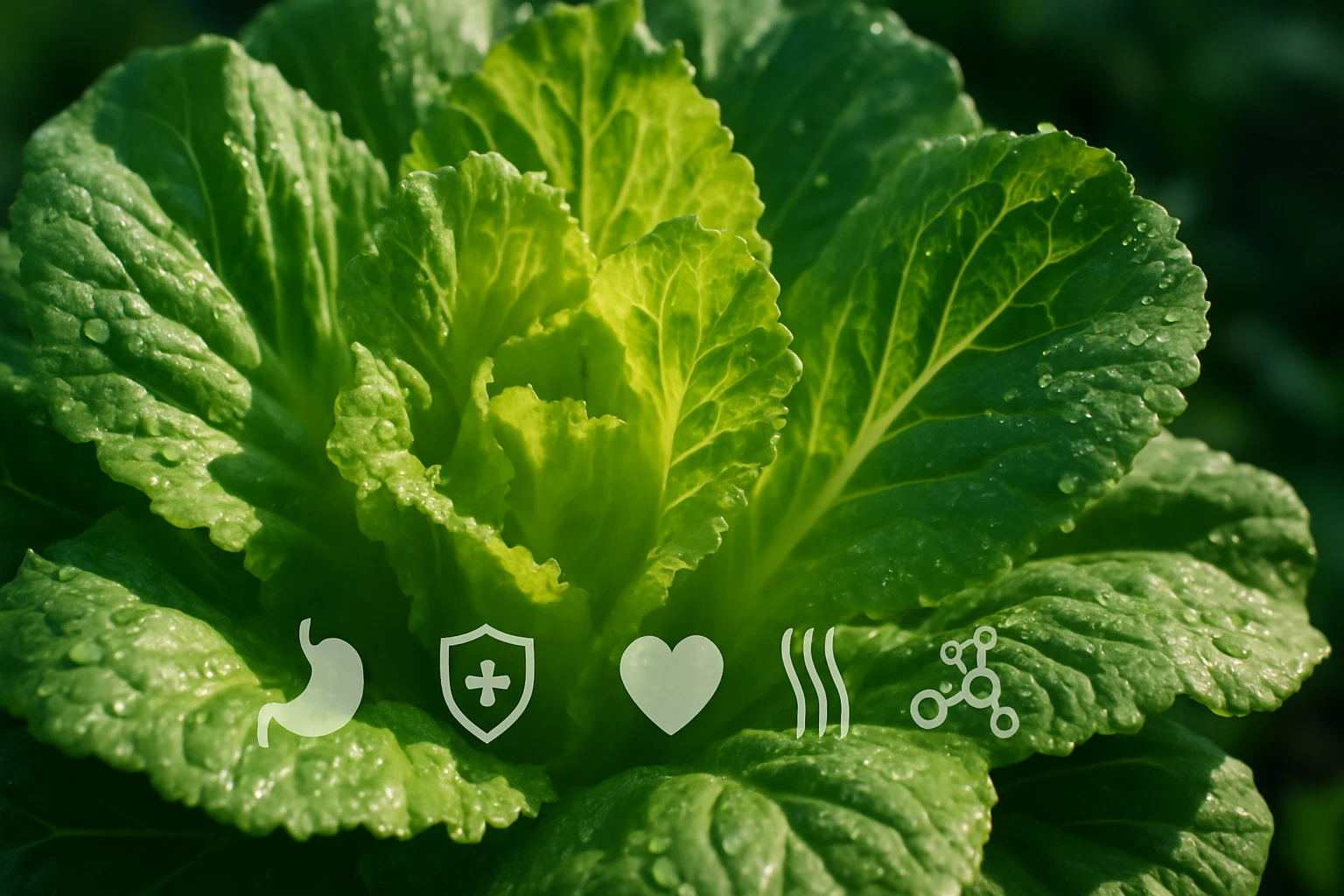 Friss, zöld saláta levelek, vízcseppekkel borítva, egészséges táplálkozás szimbólumaival.