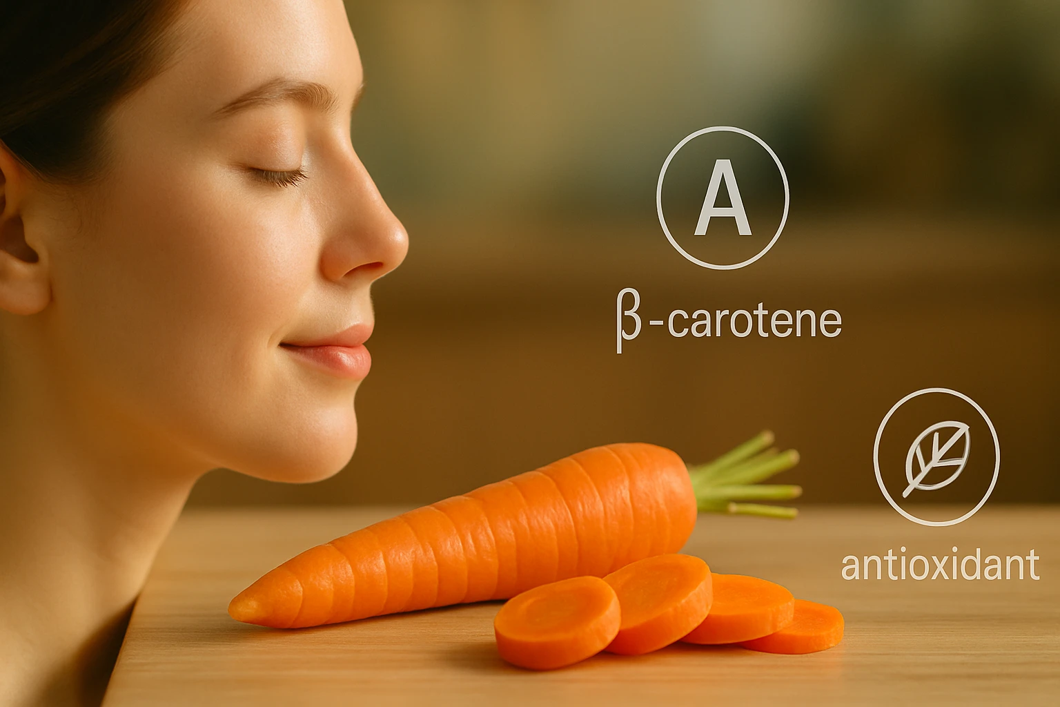 Egy fiatal nő arca mellett friss sárgarépa és annak szeletei láthatók.