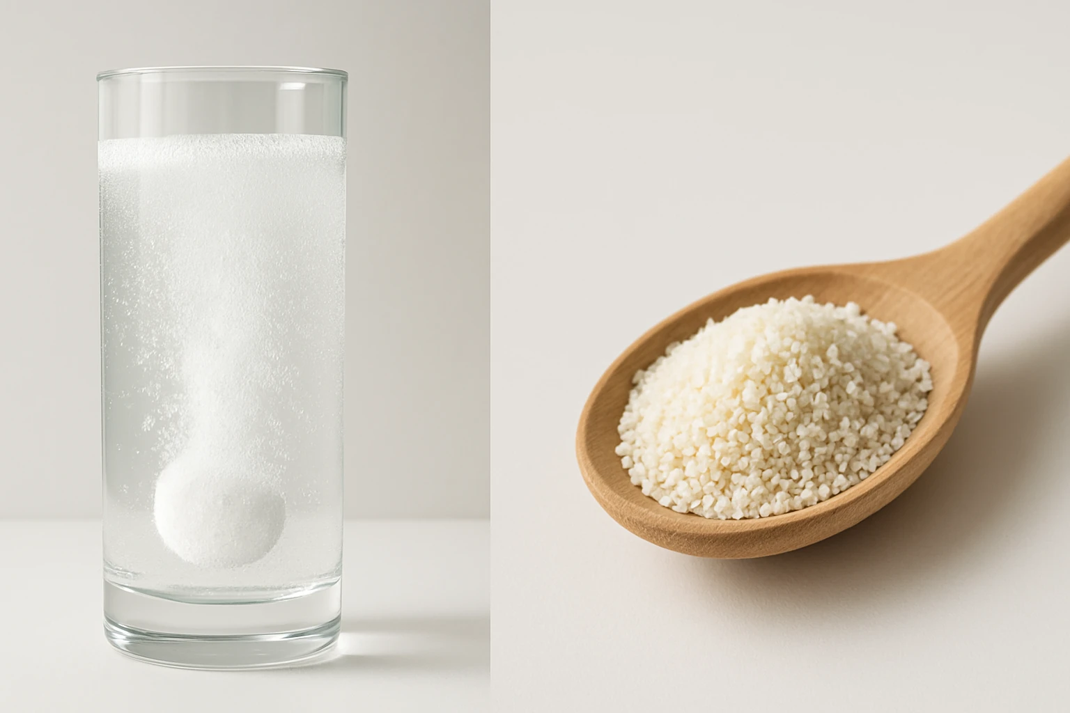 Egy pohár szénsavas víz pezseg, mellette egy fakanálon só található.