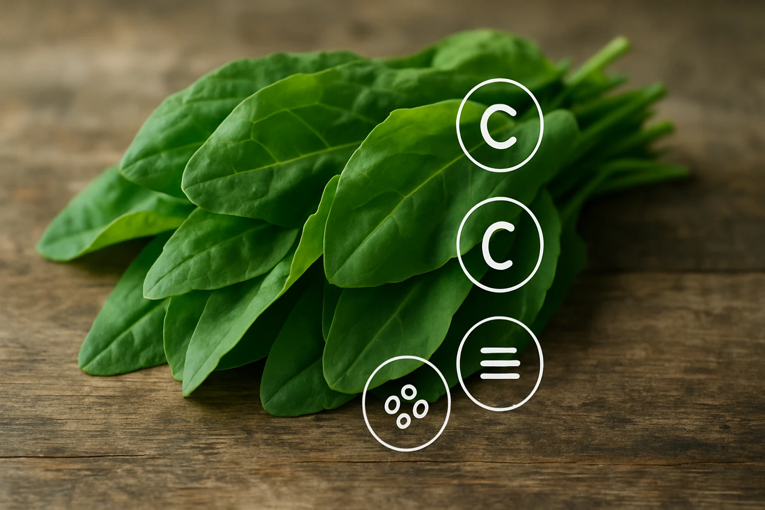 Friss spenótlevelek egy fából készült felületen, tápanyagokkal jelölve.