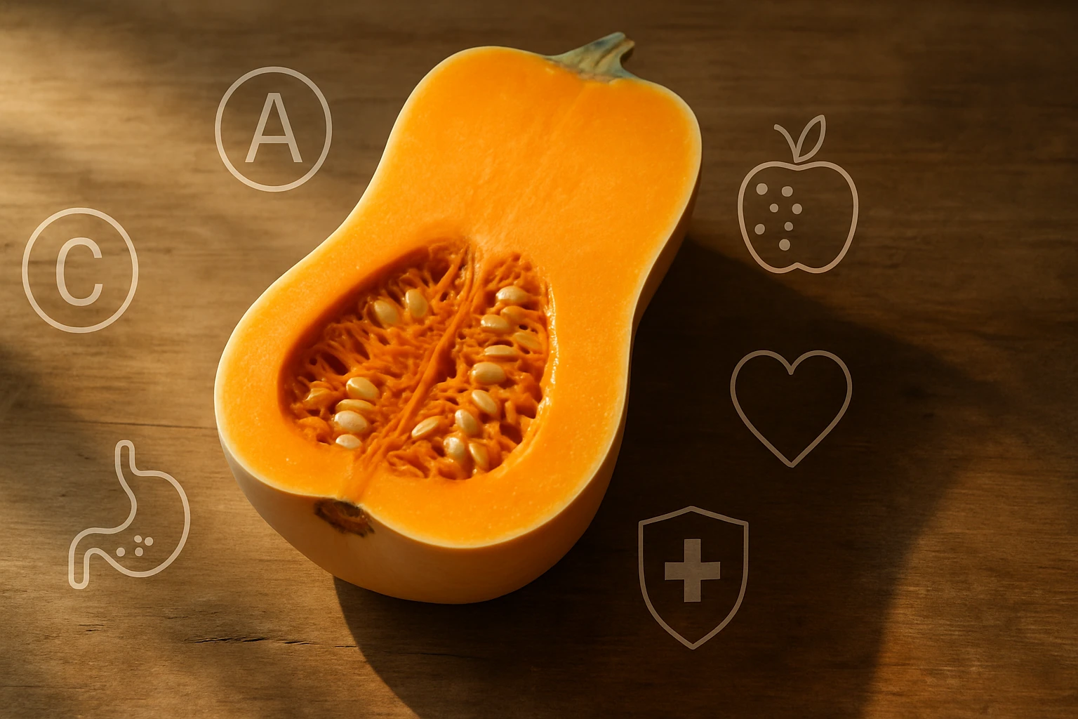 Félbevágott sütőtök, belsejében magokkal és élénk narancssárga hússal.