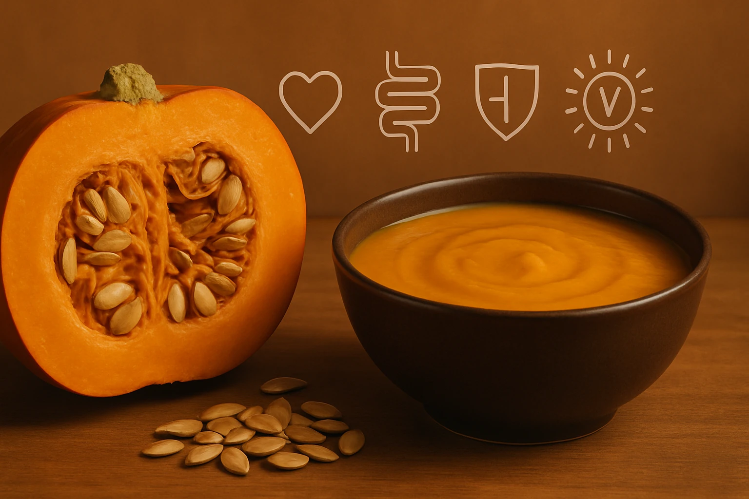 Félbevágott sütőtök és egy tál sütőtökkrém leves, mellette tökmagok.