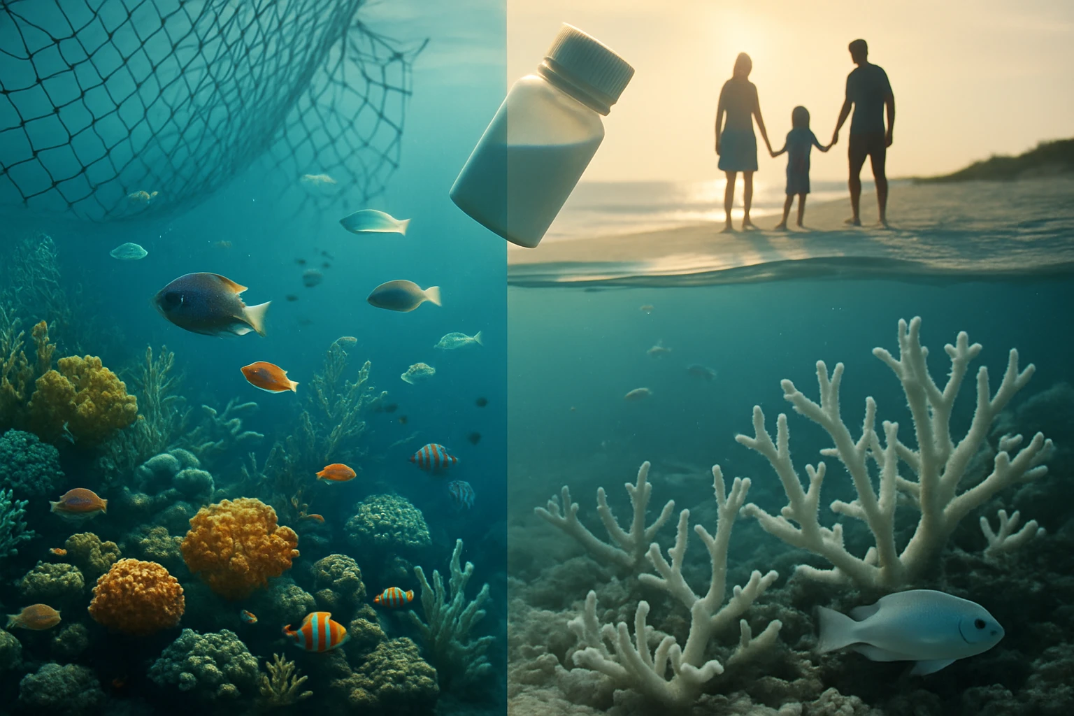 Színes halak úsznak korallzátonyok között, miközben egy üveg gyógyszer lebeg a vízben.