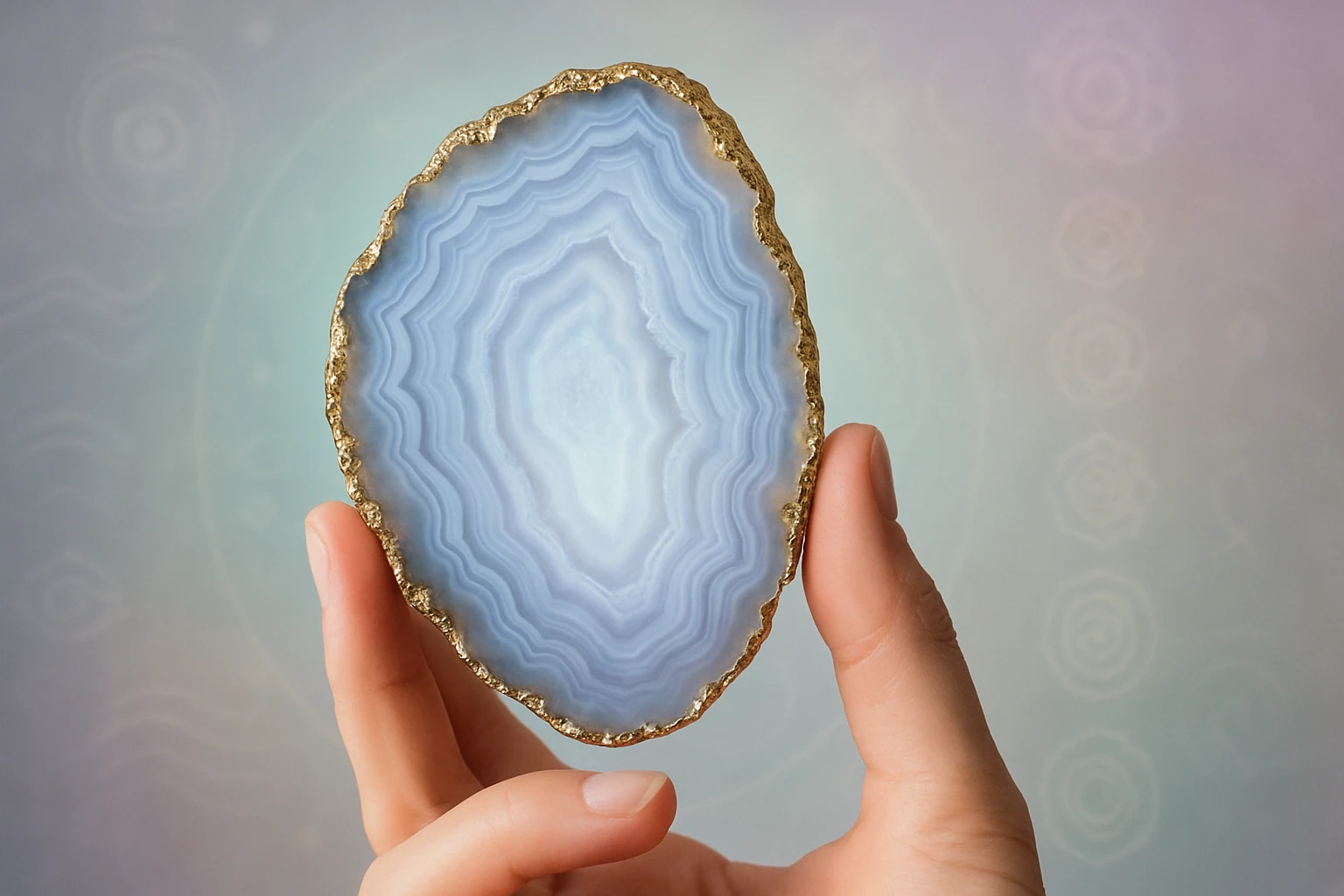 Egy kézben tartott kék színű agátkő, arany szegéllyel.
