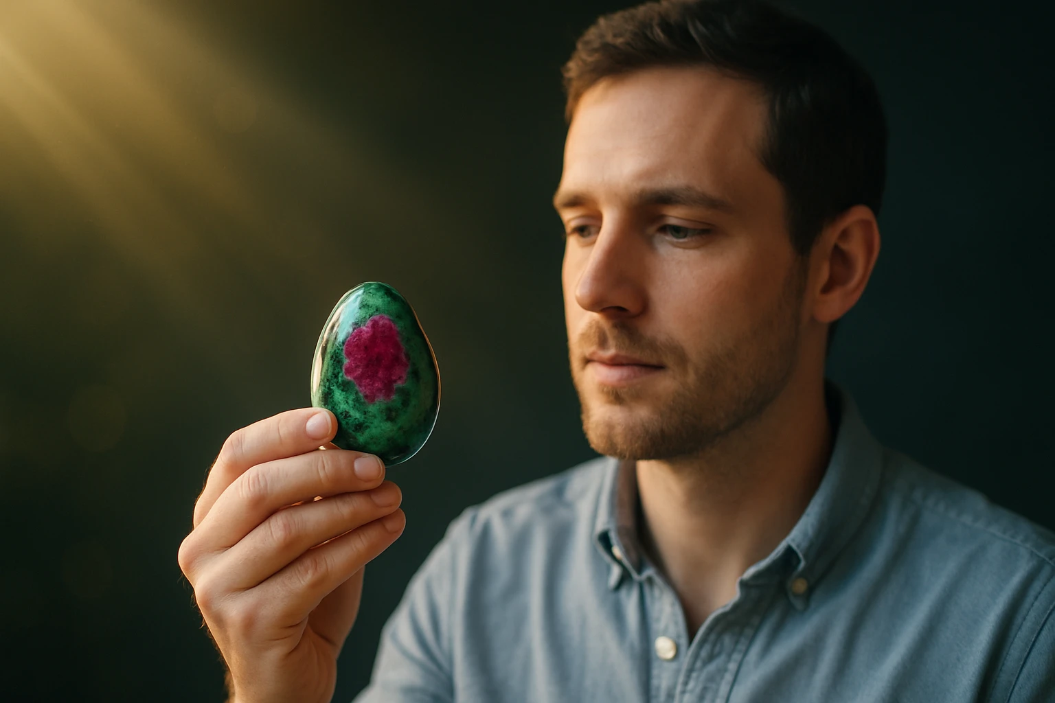 Egy férfi egy zöld és rózsaszín kőtojást tart a kezében, figyelmesen nézi.