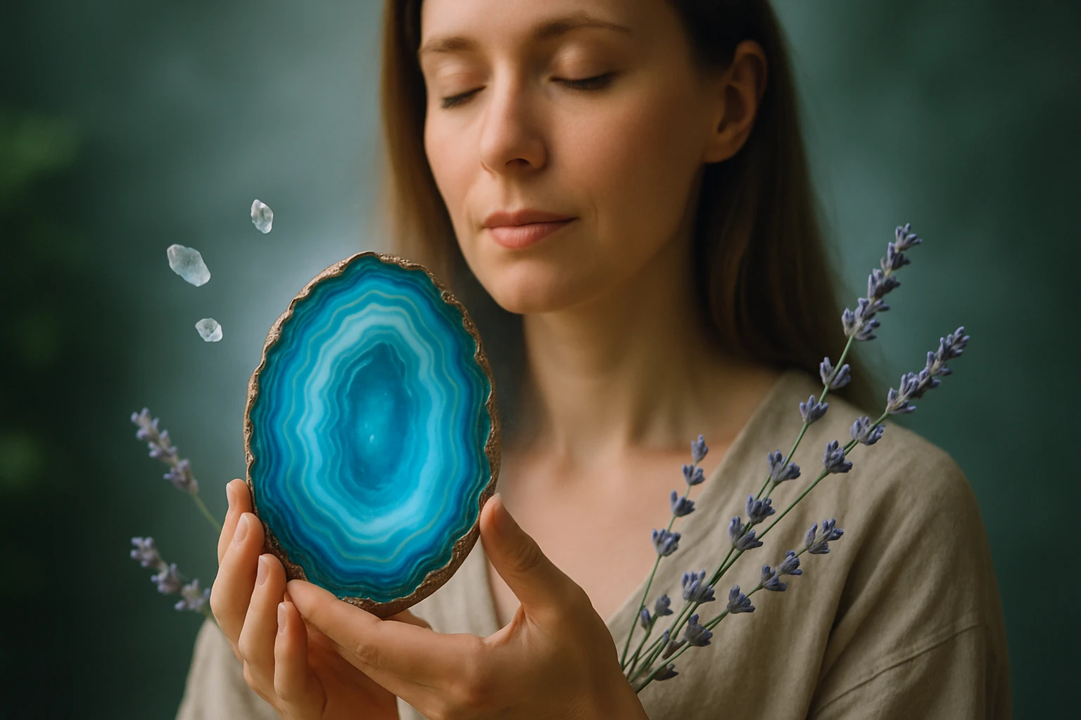 Egy nő zöld háttér előtt egy kék agát követ tart a kezében, mellette levendulaágak.