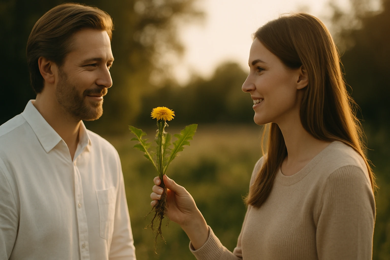 Egy nő sárga pitypangot tart a kezében, miközben mosolyog egy férfira.
