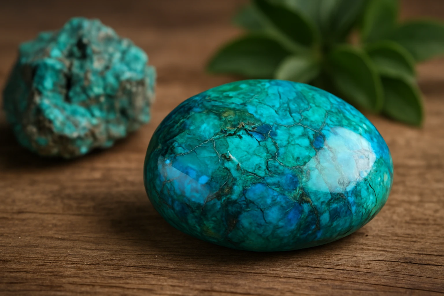 Két különböző árnyalatú türkizkő egy fából készült felületen, zöld növény háttérrel.