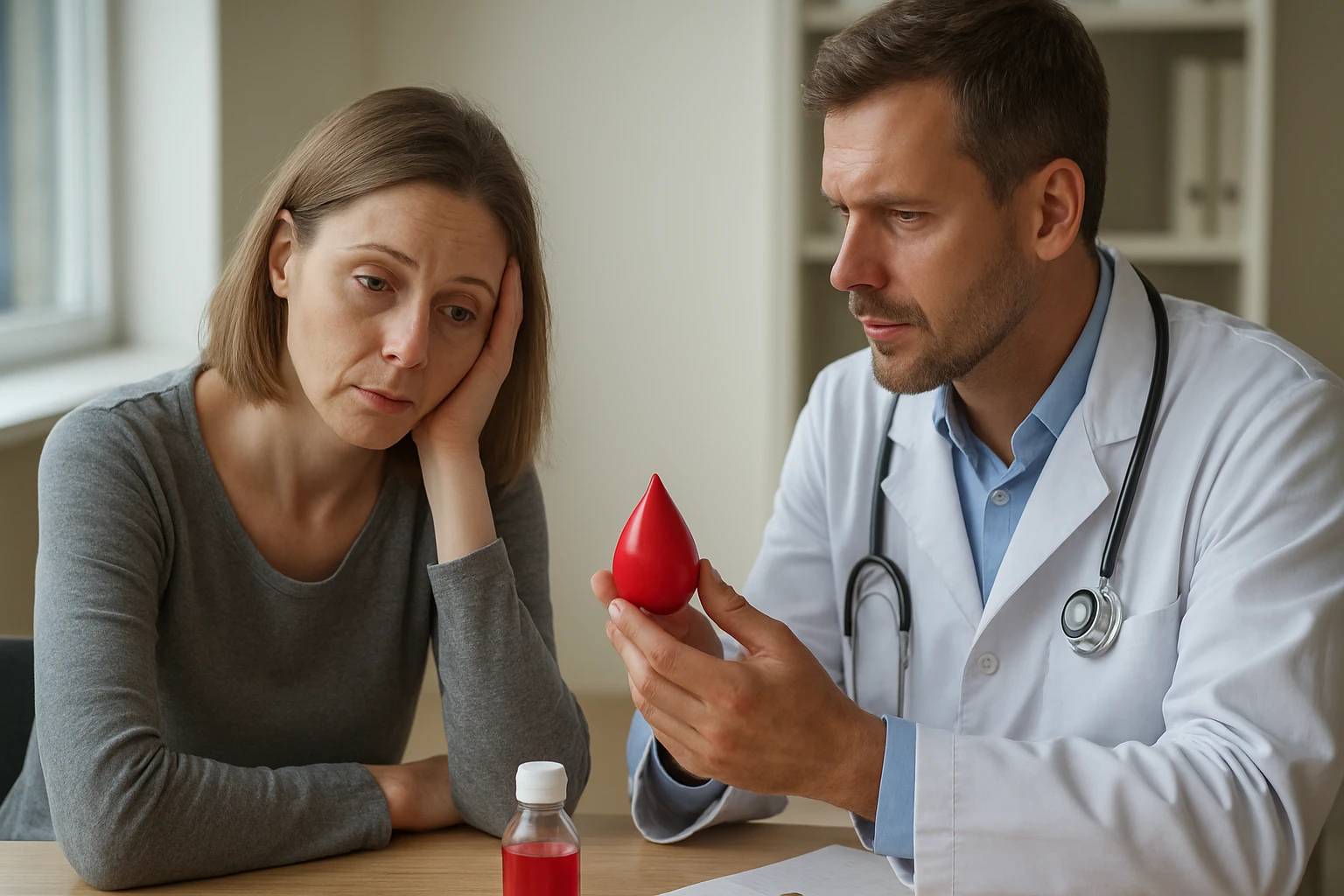 Egy orvos és egy szomorú nő beszélget a véradás fontosságáról.