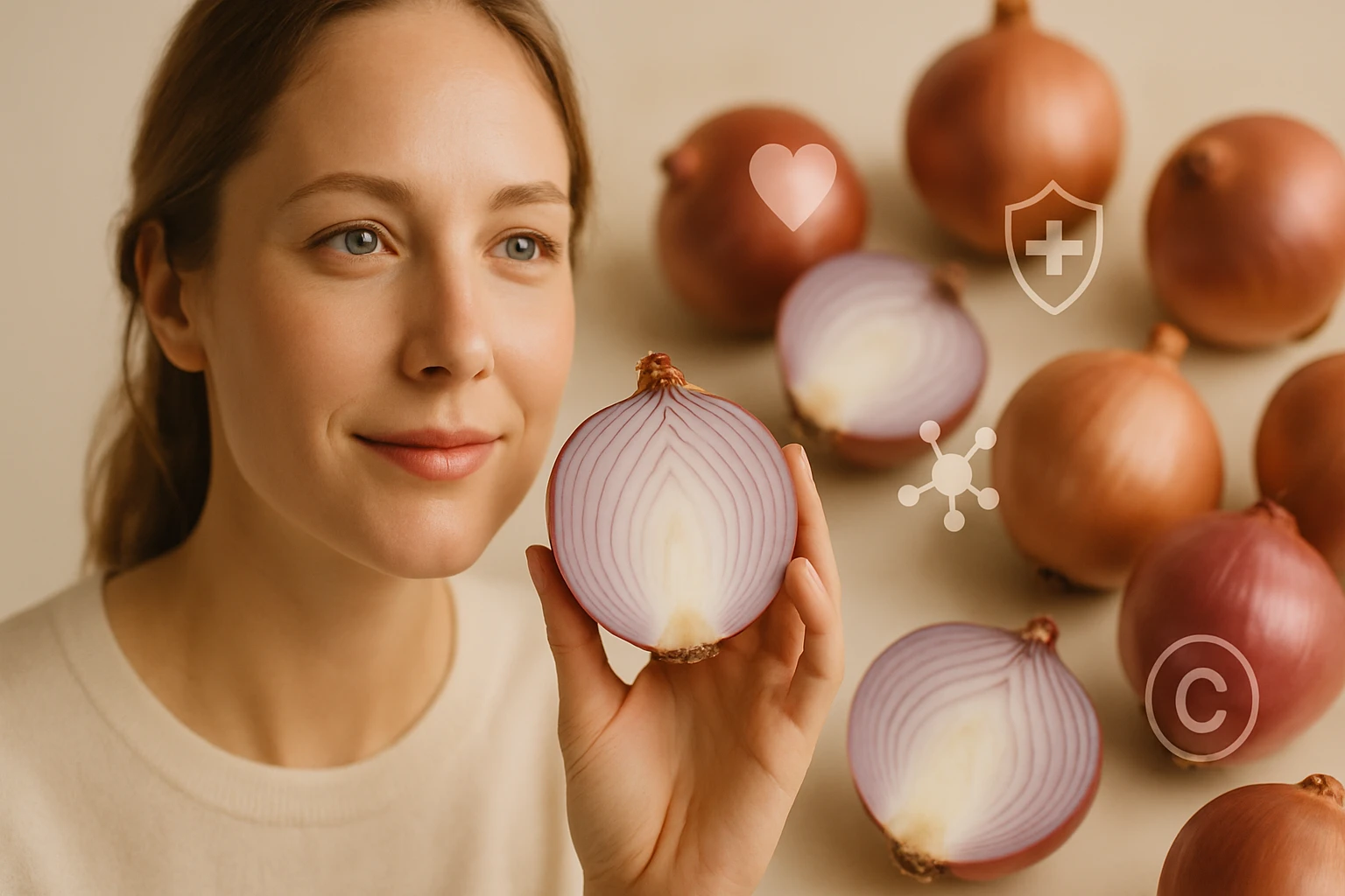 Egy nő vöröshagymát tart a kezében, miközben mosolyog.