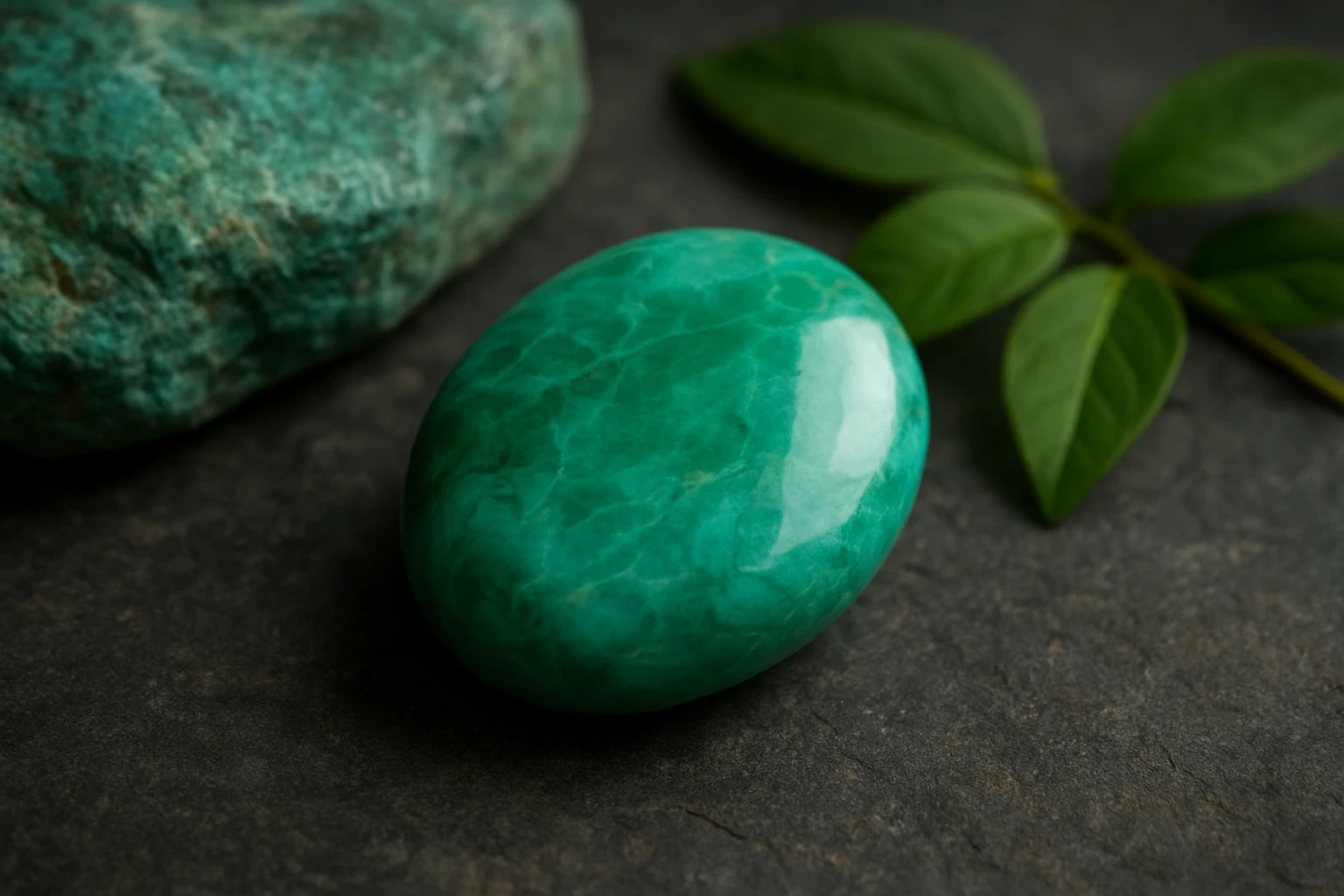 Egy sima, zöld színű kő, mellette zöld levelek és egy másik kő.
