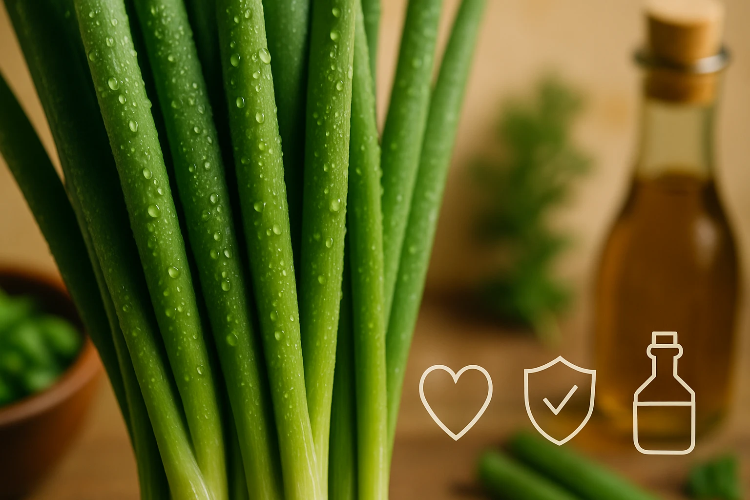 Friss zöldhagymák csoportja, vízcseppekkel a leveleken, háttérben olívaolaj.