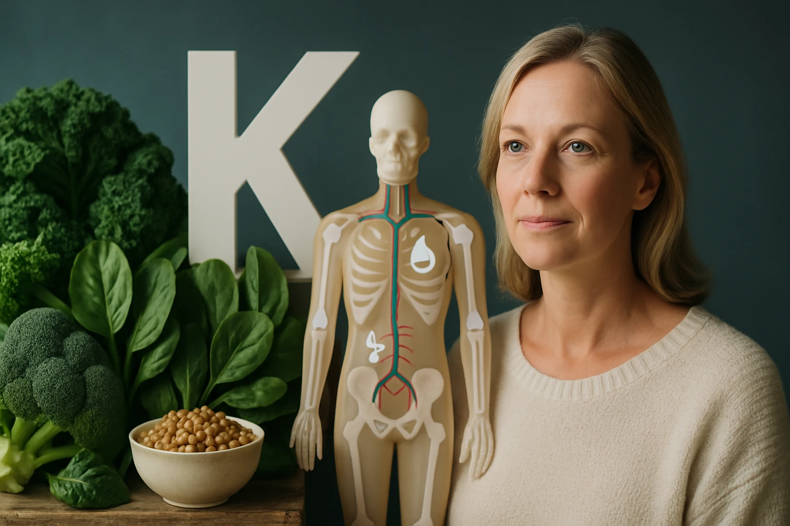 Egy nő áll egy emberi csontváz modellt tartva, zöld leveles zöldségek között.