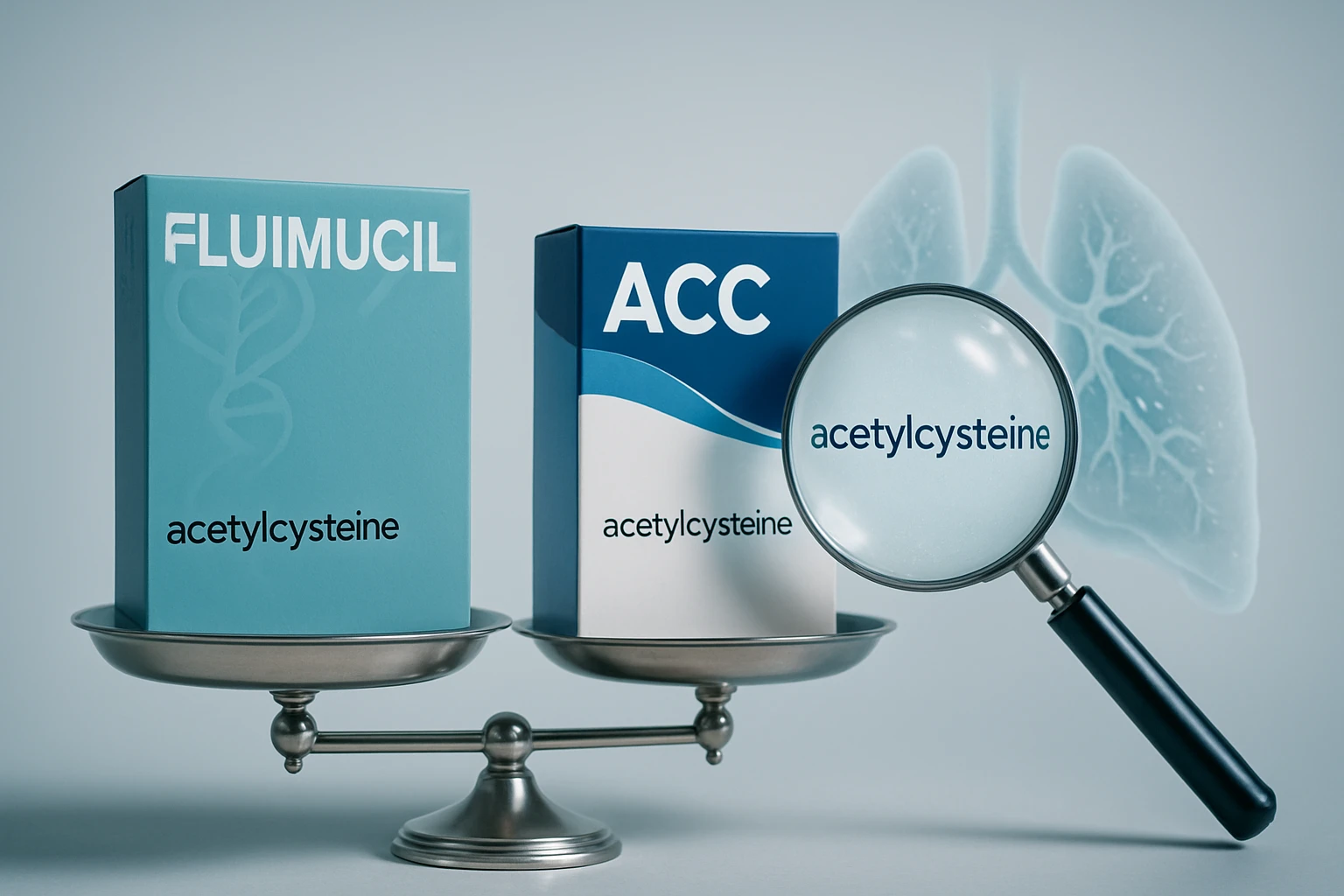 Két acetilcisztein tartalmú gyógyszer doboza egy mérlegen, háttérben tüdőábra.