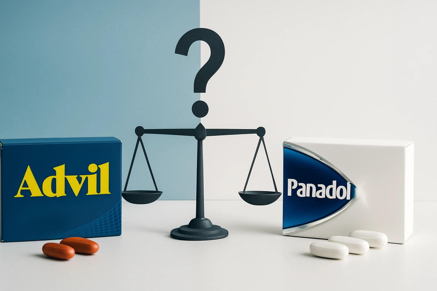 Két gyógyszer, az Advil és a Panadol, egy mérleg mellett, amely a választást szimbolizálja.