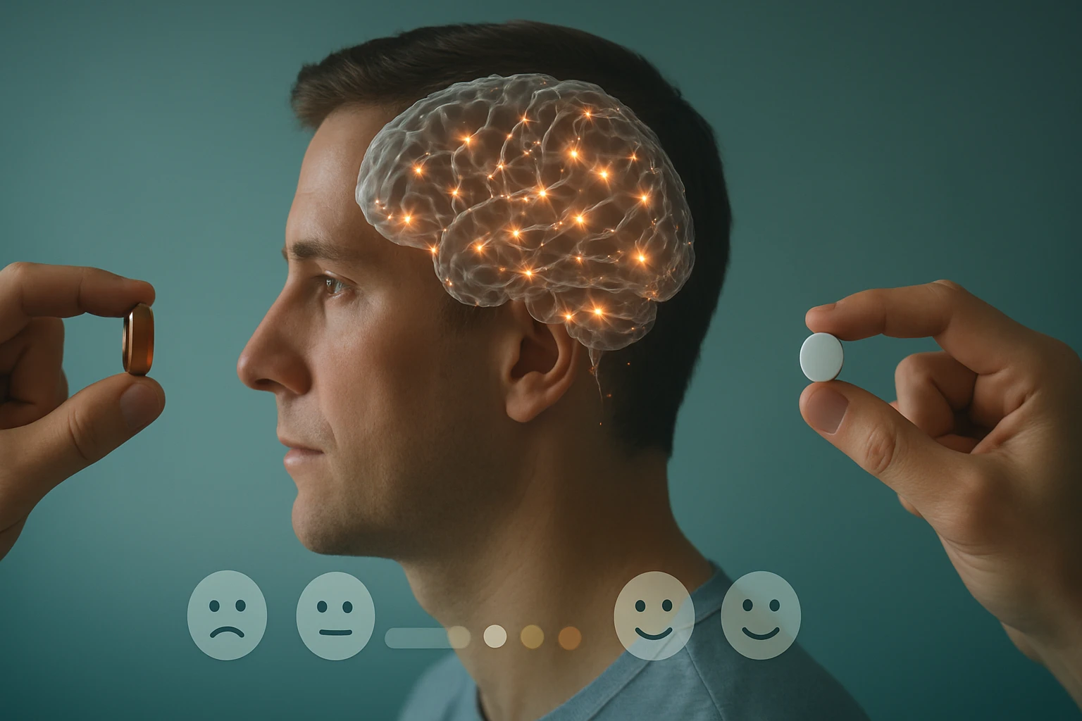 Egy férfi profilja látható, akinek agyában fények világítanak, miközben gyógyszereket tart a kezében.